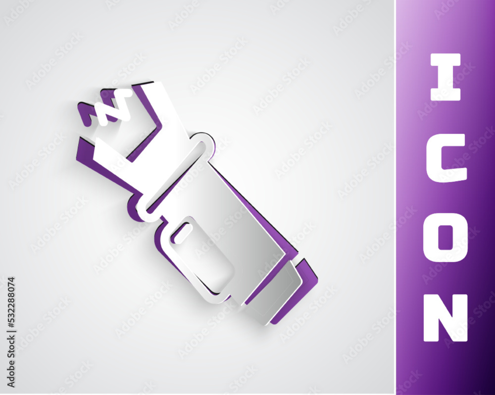 Paper cut Police electric shocker icon isolated on grey background. Shocker for protection. Taser is an electric weapon. Paper art style. Vector Paper cut Police electric shocker icon isolated on grey background. Shocker for protection. Taser is an electric weapon. Paper art style. Vector
