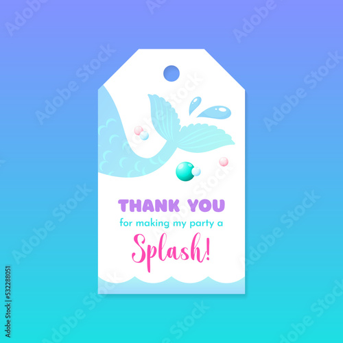 Birthday Thank you tag. Cute party favor card background decorated with of mermaid tail. Vector 10 EPS.