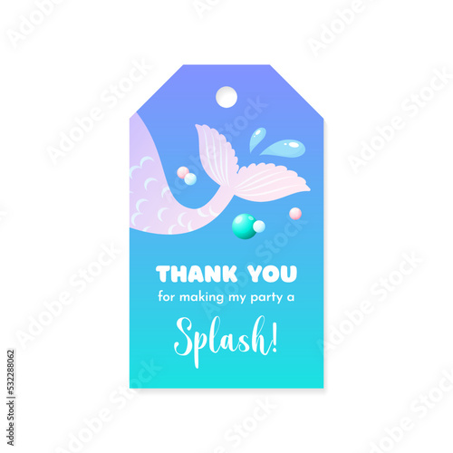 Birthday Thank you tag. Cute party favor card background decorated with of mermaid tail. Vector 10 EPS.