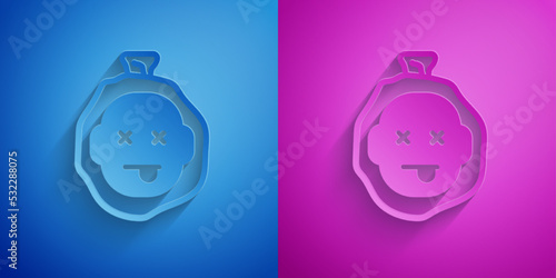 Paper cut Murder icon isolated on blue and purple background. Body, bleeding, corpse, bleeding icon. Dead head. Concept of crime scene. Paper art style. Vector