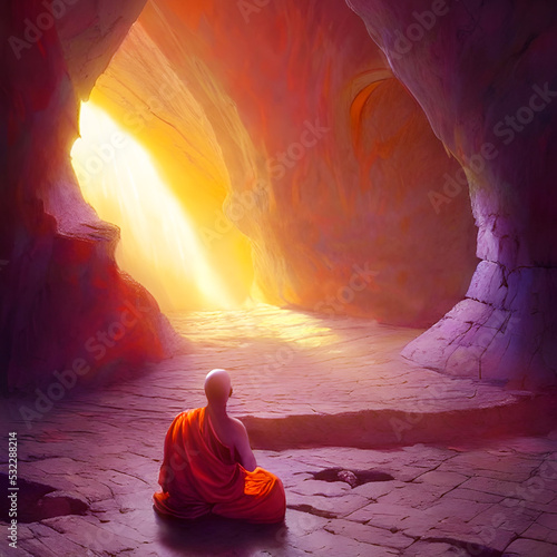 illustration a Buddhist monk in orange robes looks at the light