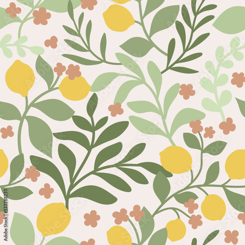 Vector tropical seamless pattern with fruit elements. Hand drawn lemons background.