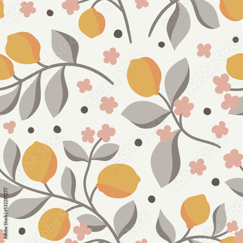 Vector tropical seamless pattern with fruit elements. Hand drawn lemons background.