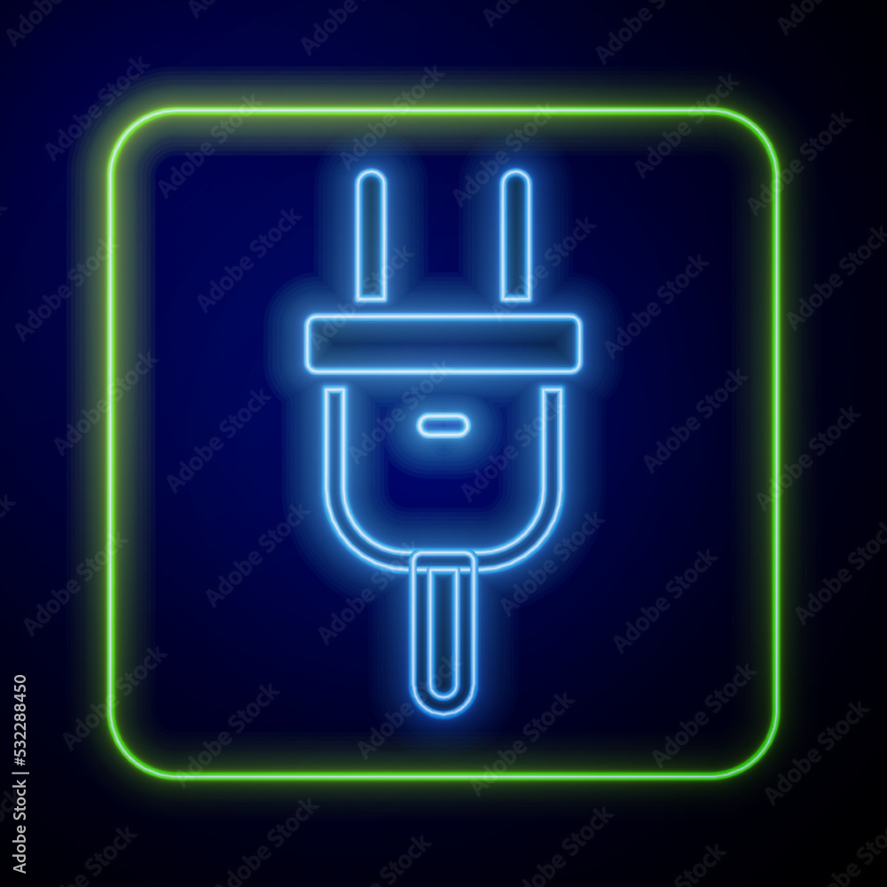 Glowing neon Electric plug icon isolated on blue background. Concept of connection and disconnection of the electricity. Vector Glowing neon Electric plug icon isolated on blue background. Concept of connection and disconnection of the electricity. Vector