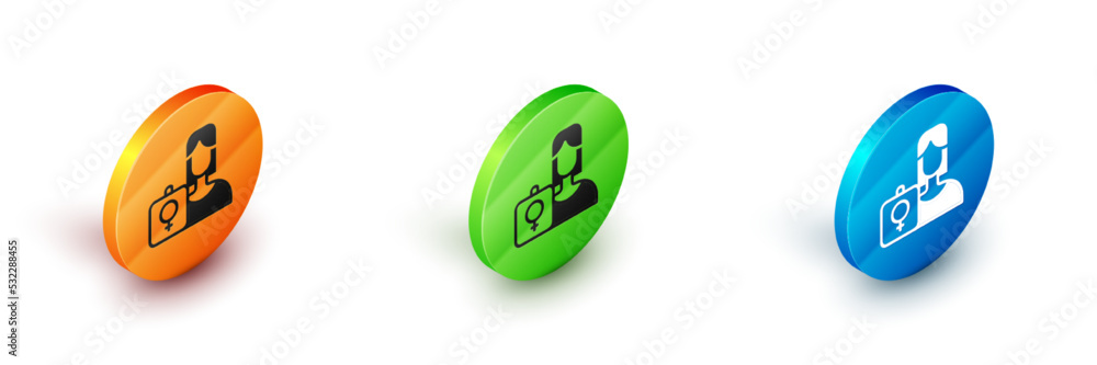 Isometric Female movement, feminist activist with banner and placards icon isolated on white background. Feminist rights movement, feminism sisterhood. Circle button. Vector Isometric Female movement, feminist activist with banner and placards icon isolated on white background. Feminist rights movement, feminism sisterhood. Circle button. Vector