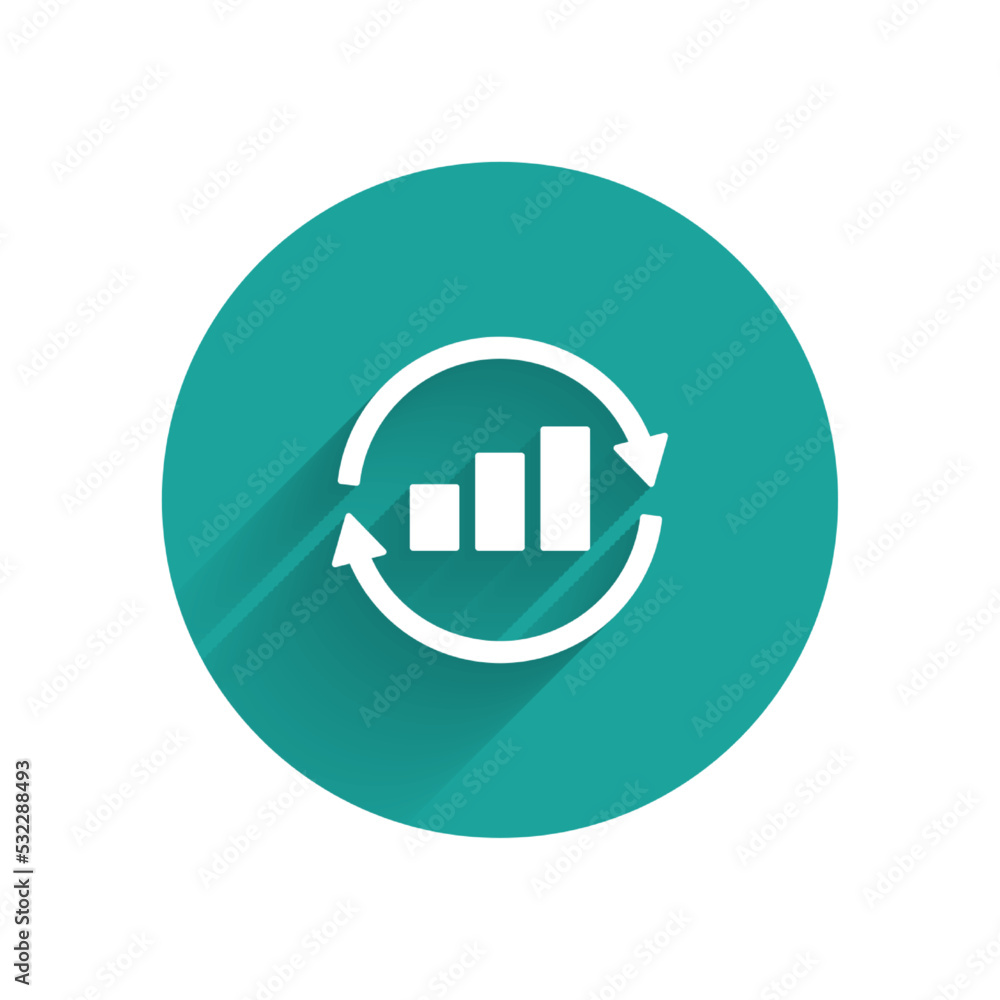 White Graph, schedule, chart, diagram, infographic, pie graph icon isolated with long shadow background. Green circle button. Vector White Graph, schedule, chart, diagram, infographic, pie graph icon isolated with long shadow background. Green circle button. Vector