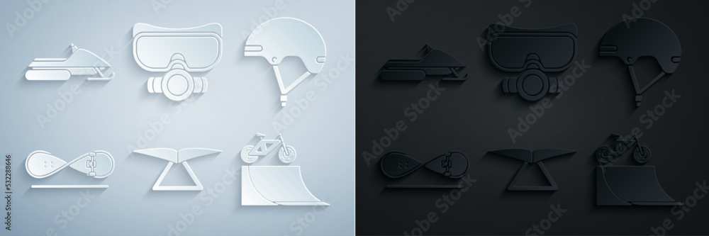 Set Hang glider, Helmet, Skateboard trick, Bicycle on street ramp, Diving mask and Snowmobile icon. Vector Set Hang glider, Helmet, Skateboard trick, Bicycle on street ramp, Diving mask and Snowmobile icon. Vector