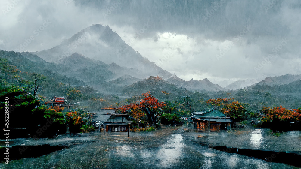 Rainy mountain forest landscape