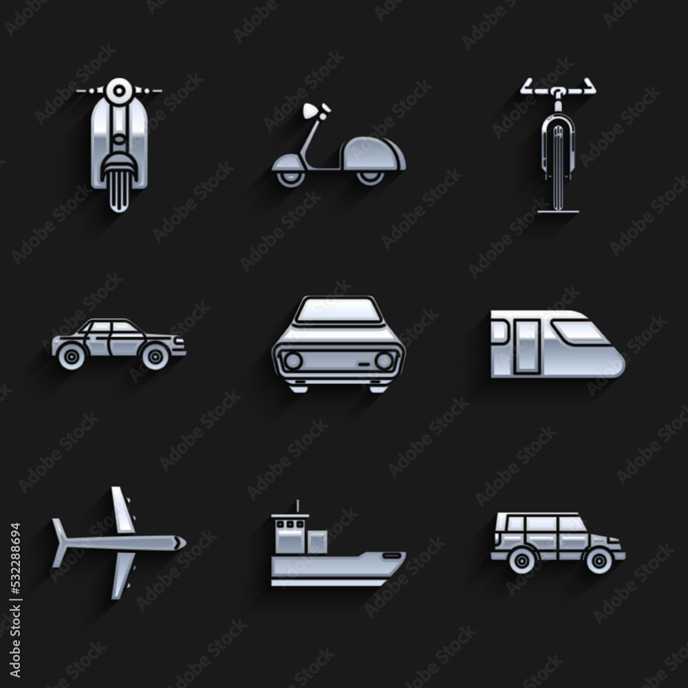 Set Car, Cargo ship, Off road car, Train, Plane, Sedan, Bicycle and Scooter icon. Vector Set Car, Cargo ship, Off road car, Train, Plane, Sedan, Bicycle and Scooter icon. Vector