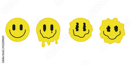Psychedelic yellow drip melt smiley set. Trippy liquid face with smile. Illusion, surreal creative happy sign. Vector illustration