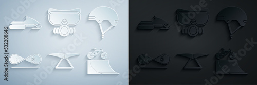 Set Hang glider, Helmet, Skateboard trick, Bicycle on street ramp, Diving mask and Snowmobile icon. Vector