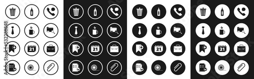 Set Telephone handset and speech bubble chat, Cup of tea leaf, Tie, Trash can, Search concept with folder, Marker pen, Briefcase and Bookmark icon. Vector