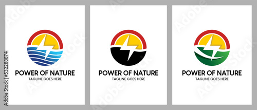 Natural energy logo design with sun, leaf, ocean and electricity icon vector illustration © SlametWahono