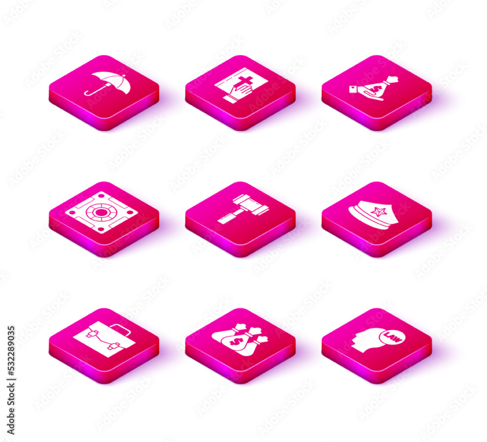Set Briefcase, Money bag, Safe, Judge gavel, Head with law, Police cap cockade, Hand holding money and Oath the Holy Bible icon. Vector Set Briefcase, Money bag, Safe, Judge gavel, Head with law, Police cap cockade, Hand holding money and Oath the Holy Bible icon. Vector