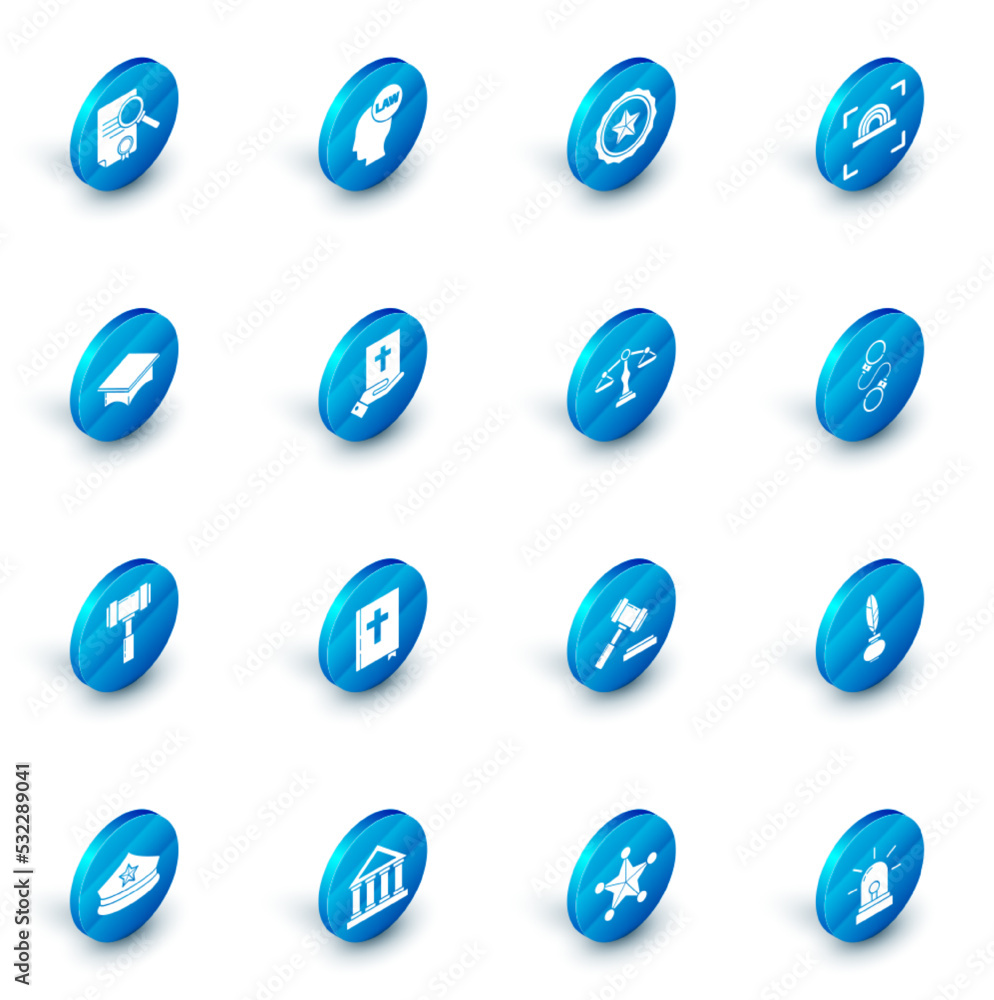 Set Head with law, Police badge, Fingerprint, Graduation cap, Judge gavel, Oath the Holy Bible, Handcuffs and Scales of justice icon. Vector Set Head with law, Police badge, Fingerprint, Graduation cap, Judge gavel, Oath the Holy Bible, Handcuffs and Scales of justice icon. Vector