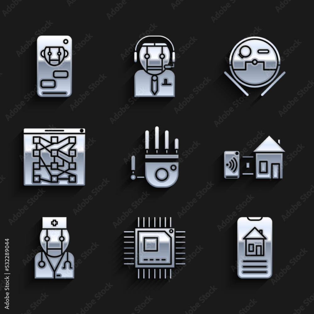 Set Mechanical robot hand, Processor with microcircuits CPU, Smart home, Robot doctor, Global technology social network, vacuum cleaner and Bot icon. Vector Set Mechanical robot hand, Processor with microcircuits CPU, Smart home, Robot doctor, Global technology social network, vacuum cleaner and Bot icon. Vector
