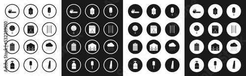 Set Tree, A pack full of seeds of a specific plant, Chainsaw, Wooden staircase, Retro wall watch, Cloud with rain and Trash can icon. Vector