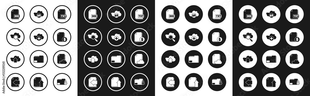 Set TXT file document, Add cloud, Search computing, DOC, Finance, Cloud download and upload, storage text and icon. Vector Set TXT file document, Add cloud, Search computing, DOC, Finance, Cloud download and upload, storage text and icon. Vector