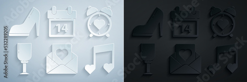 Set Envelope with heart, Heart in the center alarm clock, Wine glass, Music note, tone hearts, Calendar February 14 and Woman shoe high heel icon. Vector