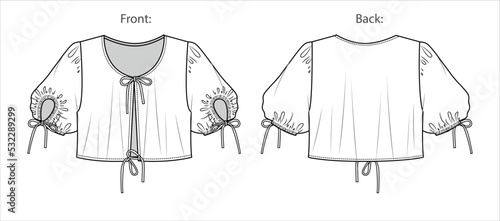 Vector short sleeved jacket fashion CAD, summer woman crop cardigan with bow detail technical drawing, template, flat, sketch. Woven fabric or jersey loose fit jacket with front, back view,white color