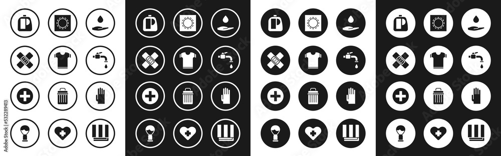 Set Washing hands with soap, T-shirt, Crossed bandage plaster, Bottles for cleaning agent, Water tap, Condom package safe sex, Rubber gloves and hospital medical icon. Vector Set Washing hands with soap, T-shirt, Crossed bandage plaster, Bottles for cleaning agent, Water tap, Condom package safe sex, Rubber gloves and hospital medical icon. Vector