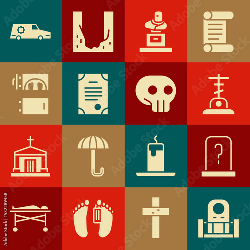 Set Grave with tombstone, cross, Death certificate, Crematorium, Hearse car and Skull icon. Vector