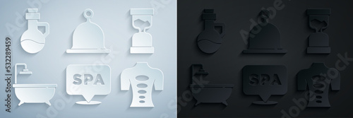 Set Spa salon, Old hourglass, Bathtub, Massage stone therapy, Sauna hat and Essential oil bottle icon. Vector
