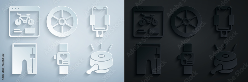 Set Smart watch, Mobile holder, Cycling shorts, Bicycle bell, wheel and rental mobile app icon. Vector Set Smart watch, Mobile holder, Cycling shorts, Bicycle bell, wheel and rental mobile app icon. Vector