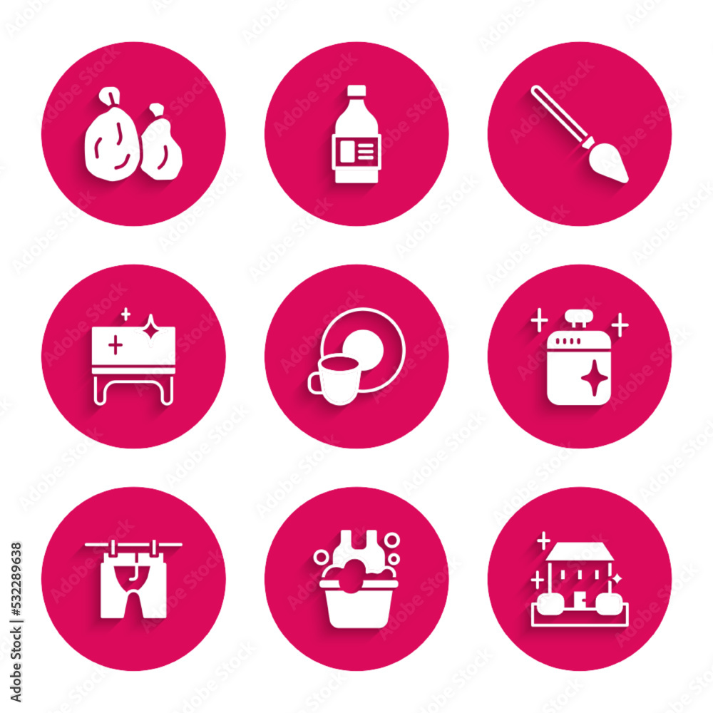 Set Washing dishes, Basin with soap suds, Home cleaning service, Clean cooking pot, Drying clothes, table, Handle broom and Garbage bag icon. Vector Set Washing dishes, Basin with soap suds, Home cleaning service, Clean cooking pot, Drying clothes, table, Handle broom and Garbage bag icon. Vector