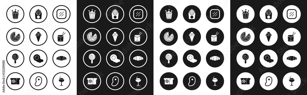 Set Steak meat, Ice cream in waffle cone, Pizza, Chicken leg package box, Asian noodles and chopsticks, Potatoes french fries, Croissant and Lollipop icon. Vector Set Steak meat, Ice cream in waffle cone, Pizza, Chicken leg package box, Asian noodles and chopsticks, Potatoes french fries, Croissant and Lollipop icon. Vector
