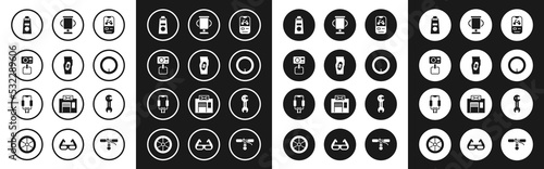 Set Bicycle rental mobile app, Plaster on leg, Action extreme camera, Sunscreen cream in tube, wheel, Award cup with bicycle, Wrench spanner and Mobile holder icon. Vector