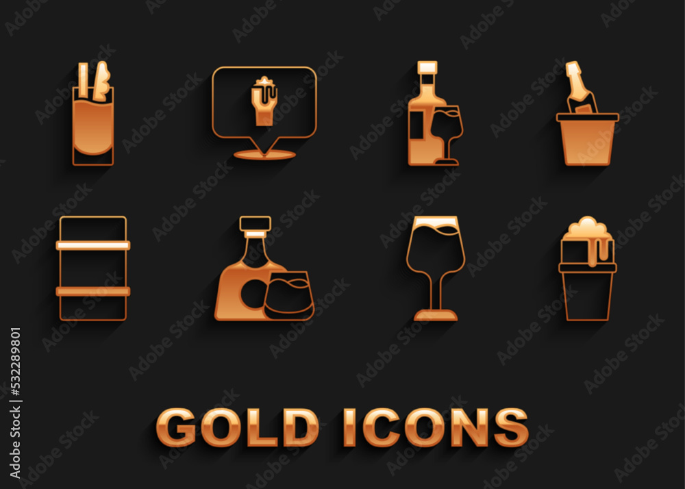 Set Whiskey bottle and glass, Champagne in ice bucket, Glass of beer, Wine, Metal keg, with, Cocktail Bloody Mary and Alcohol or bar location icon. Vector Set Whiskey bottle and glass, Champagne in ice bucket, Glass of beer, Wine, Metal keg, with, Cocktail Bloody Mary and Alcohol or bar location icon. Vector