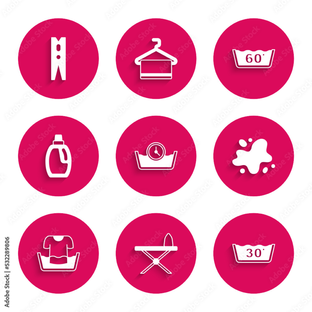 Set Time wash, Iron and ironing board, Temperature, Water spill, Basin with shirt, Bottle for cleaning agent, and Clothes pin icon. Vector Set Time wash, Iron and ironing board, Temperature, Water spill, Basin with shirt, Bottle for cleaning agent, and Clothes pin icon. Vector