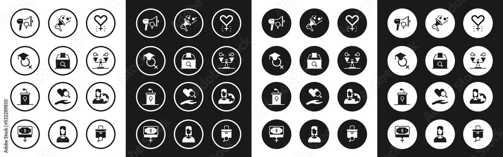 Set Feminism, Female vote right, Teacher, Feminist activist, Gender equality, Women from different countries and Debate podium rostrum icon. Vector