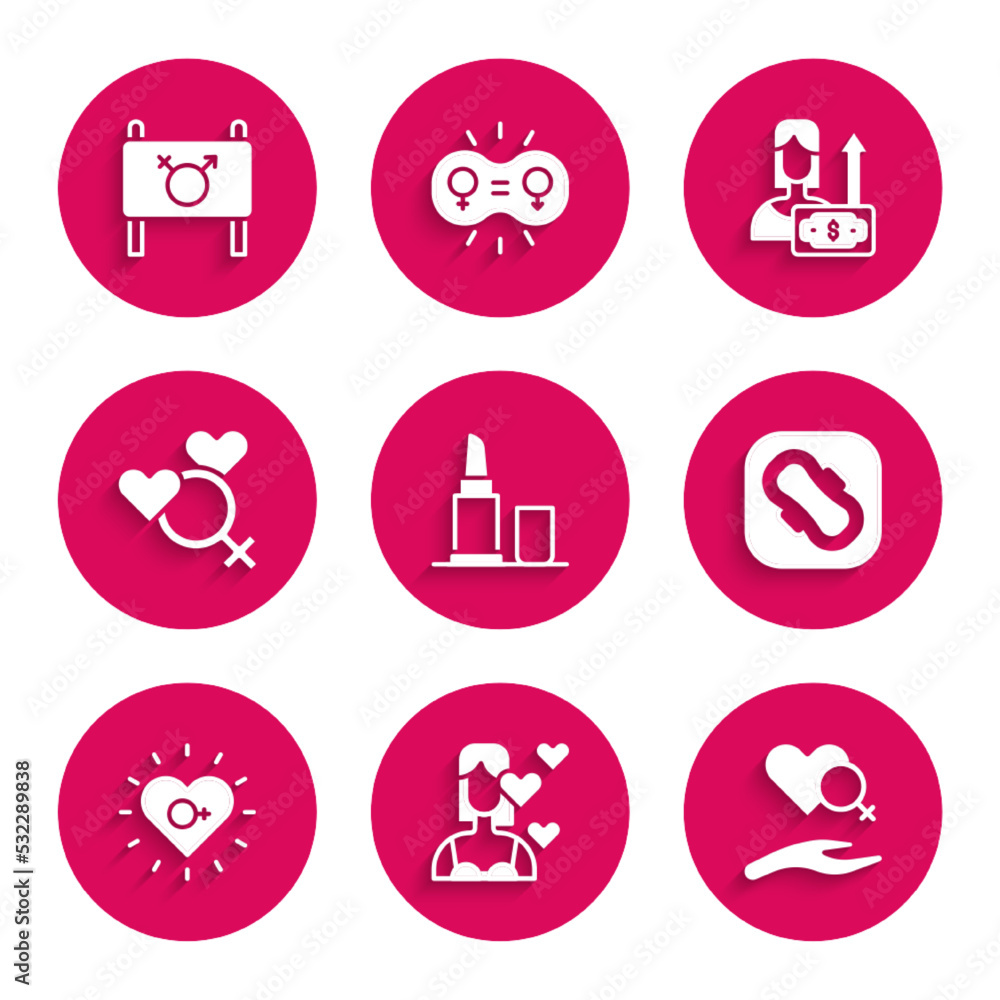 Set Lipstick, Love yourself, Heart with female gender, Sanitary napkin, Feminism, Female, Money growth woman and Feminist activist icon. Vector Set Lipstick, Love yourself, Heart with female gender, Sanitary napkin, Feminism, Female, Money growth woman and Feminist activist icon. Vector