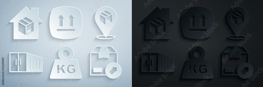 Set Weight, Location with cardboard box, Container, Carton, This side up and Home delivery services icon. Vector Set Weight, Location with cardboard box, Container, Carton, This side up and Home delivery services icon. Vector