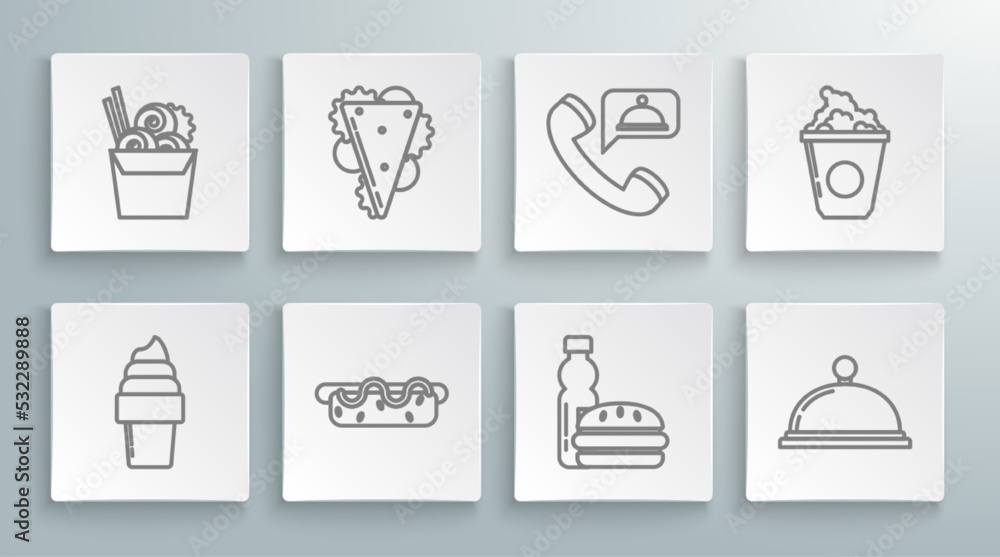 Set line Ice cream in waffle cone, Hotdog sandwich with mustard, Bottle of water burger, Covered tray food, Food ordering, Popcorn cardboard box and Asian noodles paper chopsticks icon. Vector Set line Ice cream in waffle cone, Hotdog sandwich with mustard, Bottle of water burger, Covered tray food, Food ordering, Popcorn cardboard box and Asian noodles paper chopsticks icon. Vector