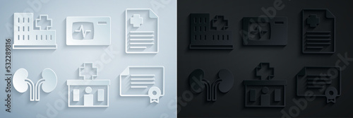 Set Hospital building, Patient record, Human kidneys, Certificate template, Monitor with cardiogram and icon. Vector