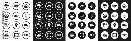 Set Charging car at home, Battery charge, Voltmeter, Electric, plug, Low battery, and icon. Vector