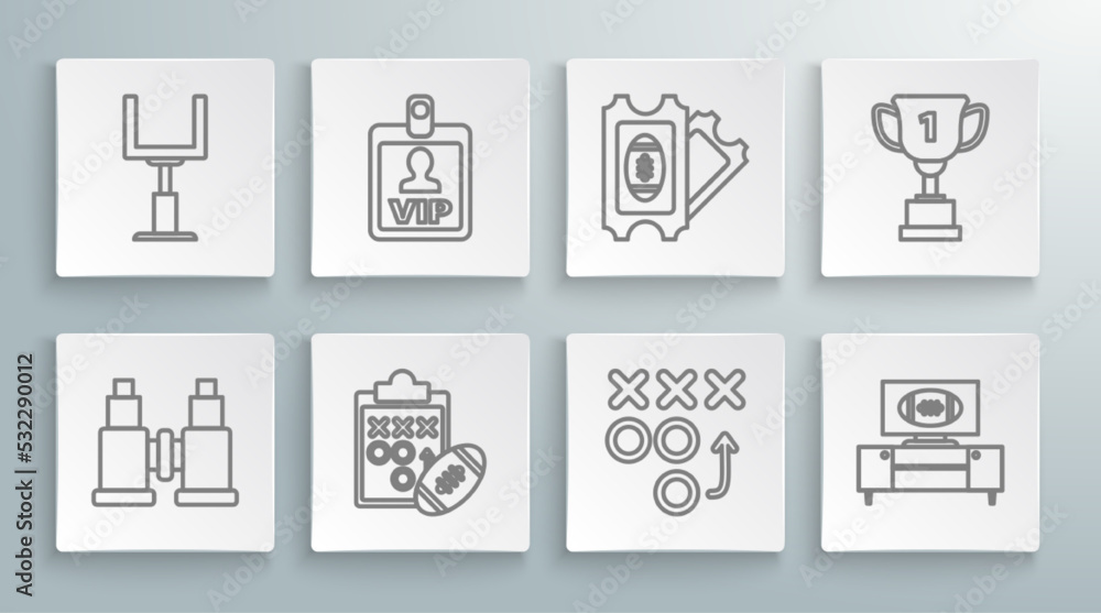 Set line Binoculars, VIP badge, Planning strategy concept, American football tv program and stand, Football ticket, Award cup and goal post icon. Vector Set line Binoculars, VIP badge, Planning strategy concept, American football tv program and stand, Football ticket, Award cup and goal post icon. Vector