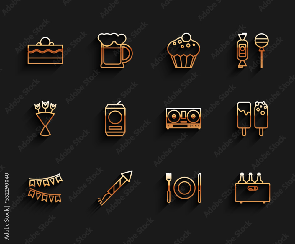 Set line Carnival garland with flags, Firework rocket, Cake, Plate, fork knife, Bottles of wine in wooden box, Beer can, Ice cream and DJ remote playing mixing music icon. Vector Set line Carnival garland with flags, Firework rocket, Cake, Plate, fork knife, Bottles of wine in wooden box, Beer can, Ice cream and DJ remote playing mixing music icon. Vector