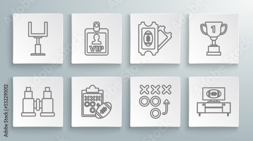 Set line Binoculars, VIP badge, Planning strategy concept, American football tv program and stand, Football ticket, Award cup and goal post icon. Vector