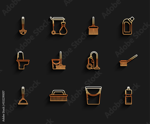 Set line Toilet plunger, Brush for cleaning, brush, Bucket, Plastic bottles liquid dishwashing liquid, Mop and bucket, and Vacuum cleaner icon. Vector