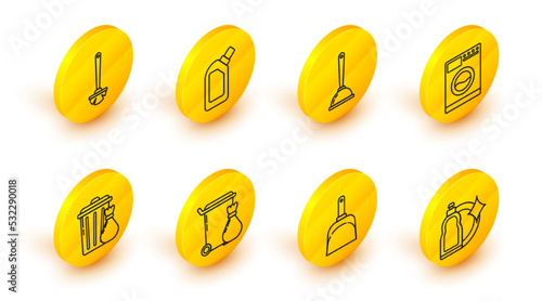 Set line Plastic bottles for liquid dishwashing liquid, Dustpan, Trash can, and garbage bag, Washer, Toilet plunger, and brush icon. Vector