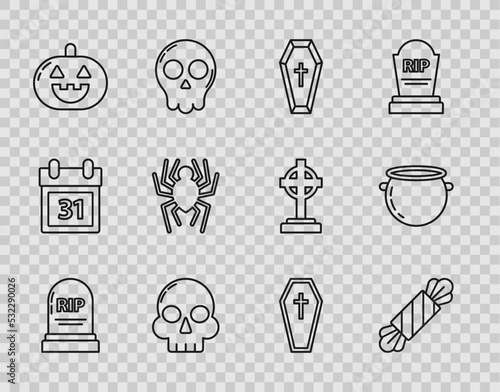 Set line Tombstone with RIP, Candy, Coffin christian cross, Skull, Pumpkin, Spider, and Halloween witch cauldron icon. Vector