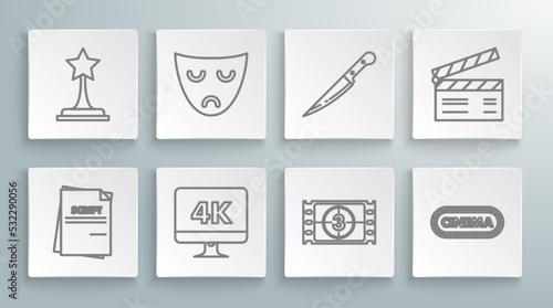 Set line Scenario, Drama theatrical mask, Computer PC monitor with 4k video technology, Play Video, Cinema poster design template, Knife, Movie clapper and trophy icon. Vector