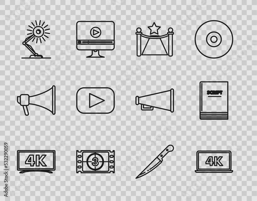 Set line , Laptop screen with 4k video technology, Carpet barriers and star, Play Video, Table lamp, Knife and Scenario icon. Vector