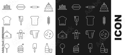 Set line Glass bottle with milk and glass, Cookie or biscuit chocolate, Cereals rice, wheat, corn, oats, rye, Rolling pin, Kitchen brush, Chef hat, Stack of pancakes and Bread toast icon. Vector