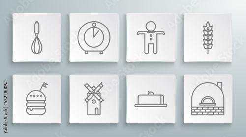 Set line Burger, Kitchen timer, Windmill, Strawberry cheesecake slice, Brick stove, Holiday gingerbread man cookie, Cereals with rice, wheat, corn, oats, rye and whisk icon. Vector