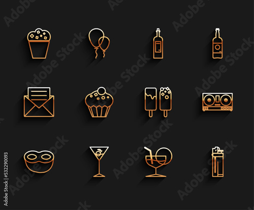 Set line Festive mask, Martini glass, Popcorn cardboard box, Lighter, Muffin, DJ remote for playing and mixing music and Ice cream icon. Vector